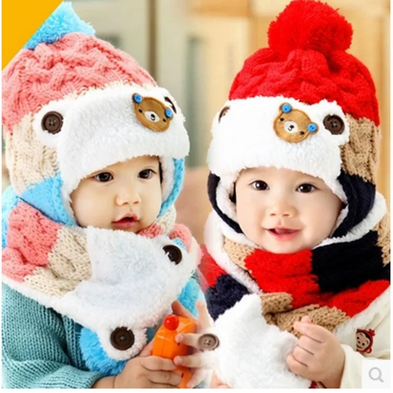 Winter Baby Hat and Scarf Joint With Style Crochet Knitted Caps for Infant Boys Girls Children New Fashion Kids Neck Warmer
