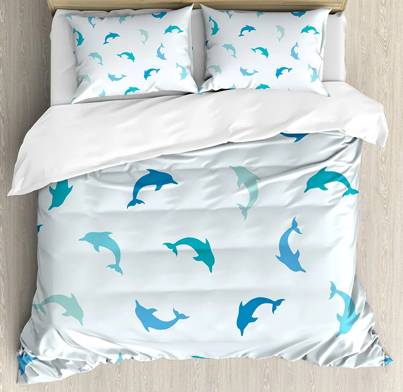 

Sea Animals Decor Duvet Cover Set, Leaping and Playing Dolphin Figures Aquatic Animal Marine Theme, 4 Piece Bedding Set