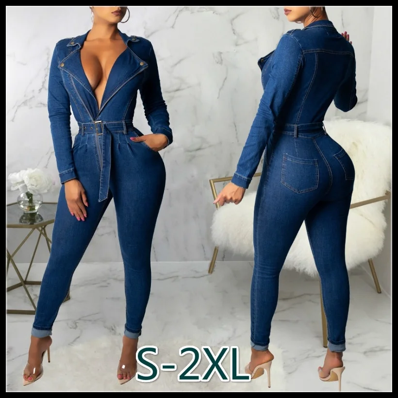Women's Fashion New V Neck Notched Neck with Zip High Waist Belt Denim pencil Long Jumpsuit Fashion Casual Romper Playsuit S-2XL Women's Fashion New V Neck Notched Neck with Zip High Waist Belt Denim pencil Long Jumpsuit Fashion Casual Romper Playsuit S-2XL