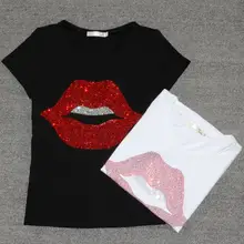 Летняя женская футболка с короткими рукавами и принтом в виде губ, тонкие хлопковые Стрейчевые топы для девочек размера плюс xxxl