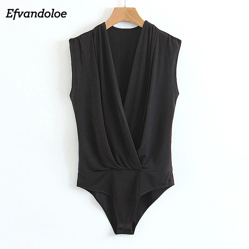 

Efvandoloe Cross V-Neck Sleeveless Bodysuits Women Black Bodysuit 2018 Elegant Rompers Womens Jumpsuit salopette femme