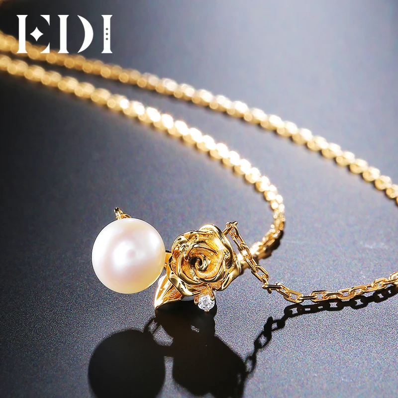 

EDI Rose H/SI Diamond 18k Yellow Gold Flower Natural Freshwater Pearls Pendant For Women Fine Jewelry