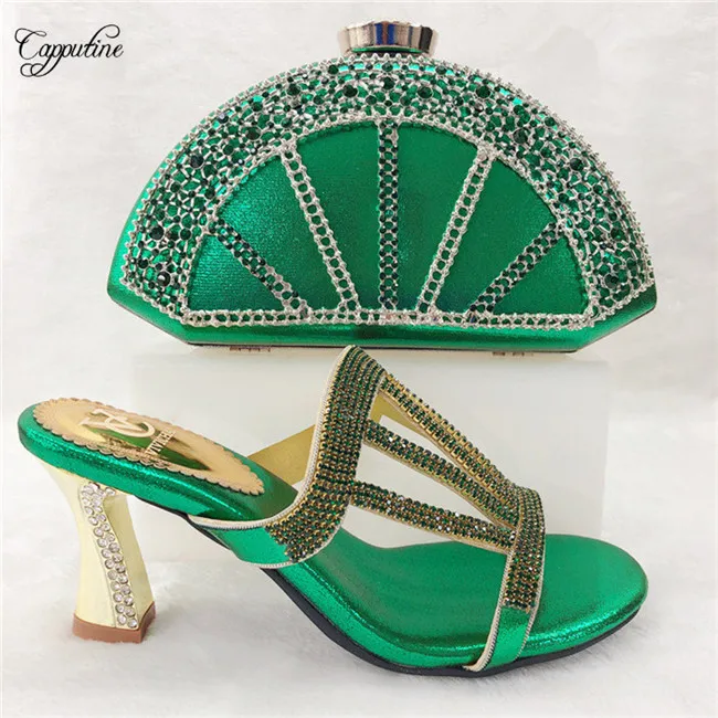 

Amazing green high heel lady shoes and purse bag set nice matching for evening dress T0425 heel height 8cm