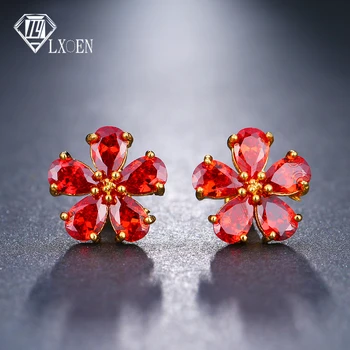 

LXOEN Druzy Red Flower Stud Earrings With Marquise Cubic Zirconia Ear Studs For Women Gift Pendientes Jewelry Bijoux