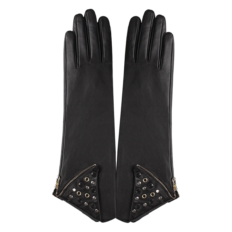 

Genuine Leather Gloves Female Spring New Fashion Metal Decoration Black Woman's Dress Sheepskin Gloves For Driving Z15050