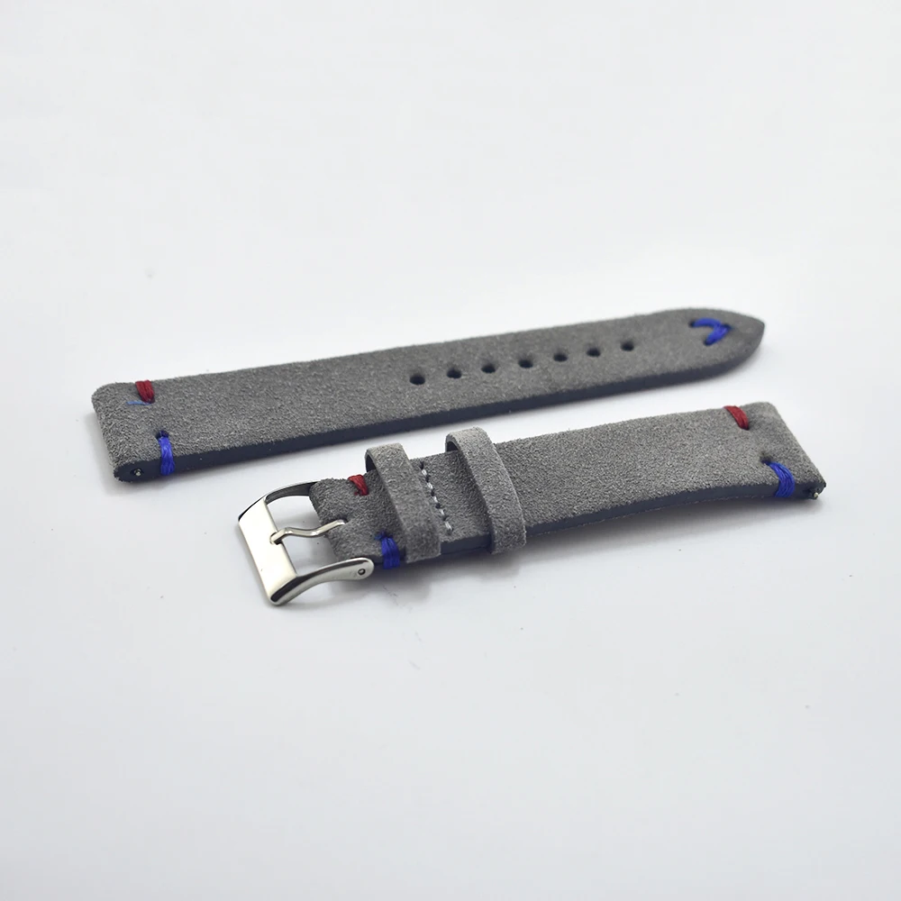 Handmade Leather Comfort Gray Suede Strap 18mm/20mm/22mm Stainless Steel Buckle High Quality Red Blue Line 2018 new