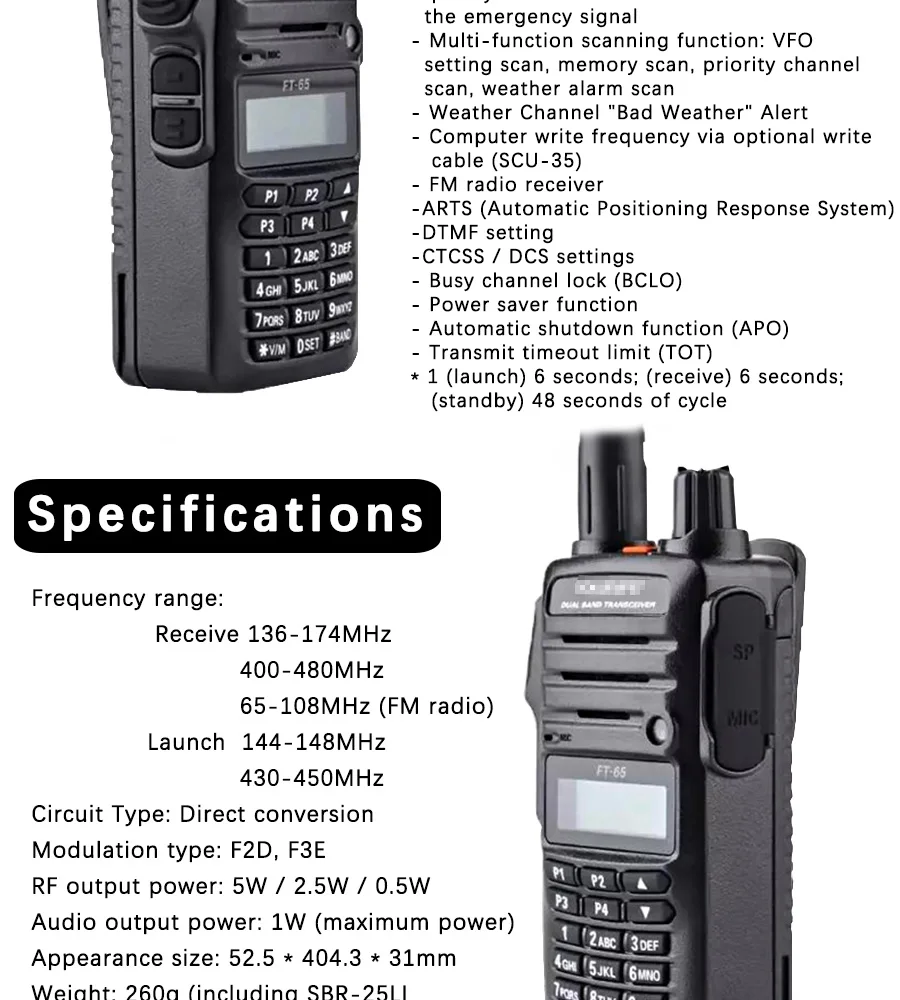 Общая рация YAESU FT-65R двухдиапазонный 136-174/400-480 MHz FM Ham двухсторонний радиоприемопередатчик