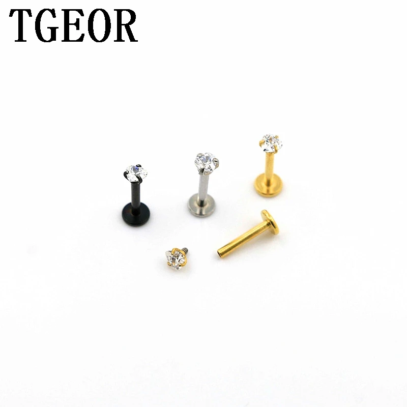 

free shipping 16G lip piercing 30pcs surgical Stainless Steel gem heart CZ zircon internally thread titanium plated labret ring