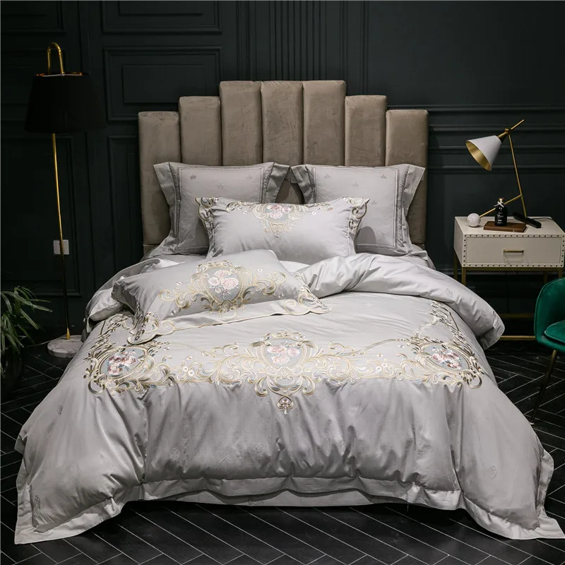 

New Gray Blue Pink Luxury 100S Egyptian Cotton Bedding Set Gold Royal Embroidery Duvet Cover Bed sheet Bed Linen Pillowcases