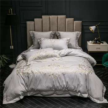 

New Gray Blue Pink Luxury 100S Egyptian Cotton Bedding Set Gold Royal Embroidery Duvet Cover Bed sheet Bed Linen Pillowcases