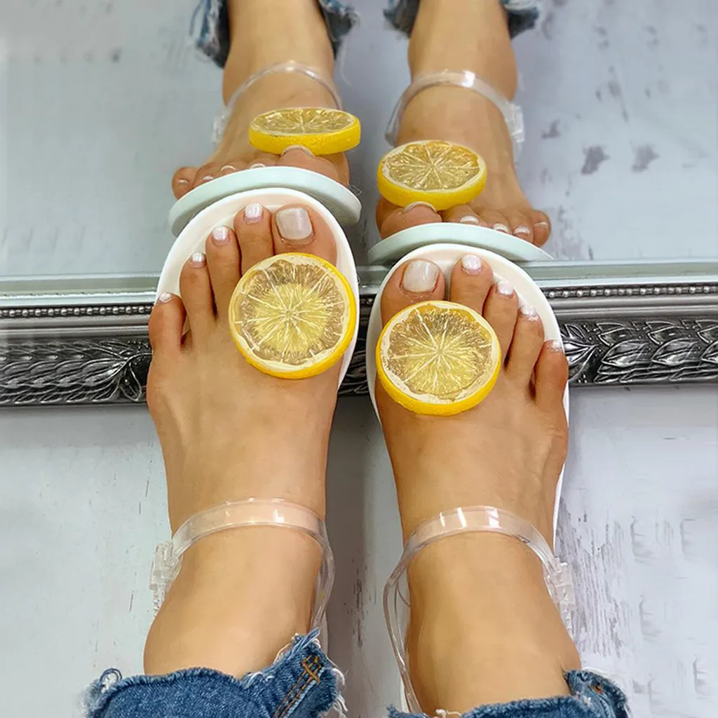 Women's sandals Fashion chaussures femme Transparent Strap sandals women Lemon Pattern Flat Sandals Beach Shoes Slides terlik