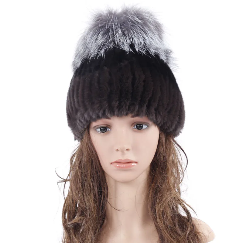 Russia hats for women genuine rabbit fur hat with red fox fur top Woolen Weave Female Elastic Knitted Caps