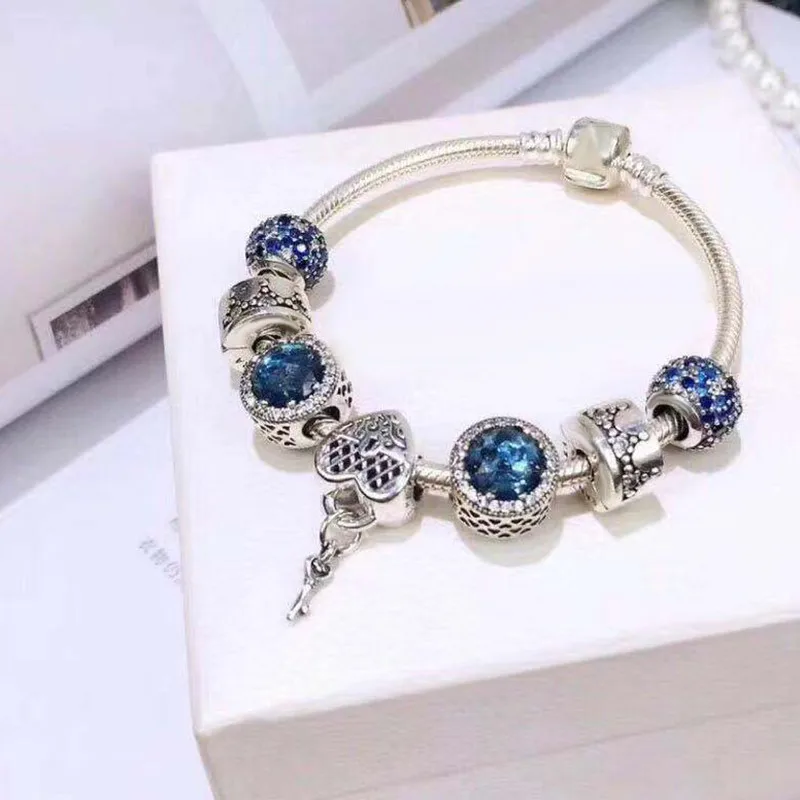 

WinTion PAN Sterling Silver S925 Bracelet Blue String Jewelry Heart Pendant Jewelry Accessories Men and Women Style