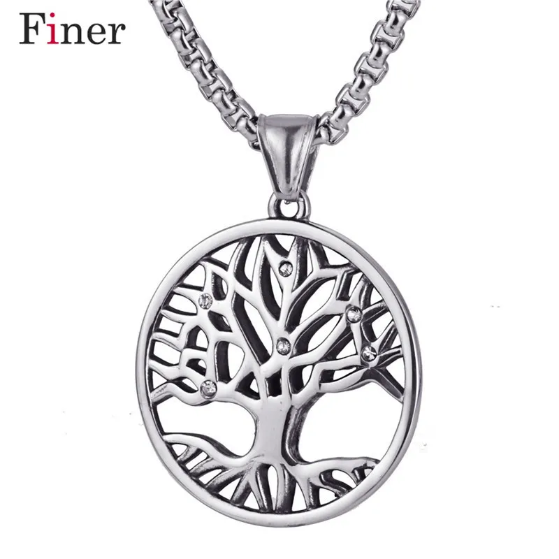 

Polished Silver Tone Stainless Steel Round Crystal Inlaid Tree of Life Pendant Necklace 60CM SS Chain