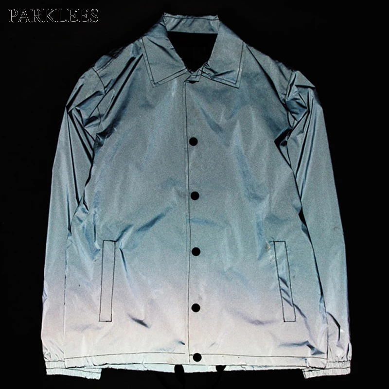 

2019 New Reflective Noctilucent Jacket Men Brand Turn Down Collar Waterproof Windbreaker Jacket Fluorescent Running Streetwear