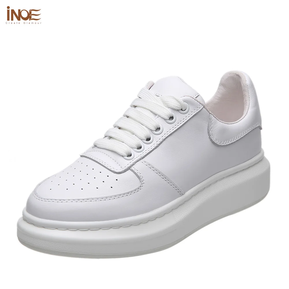 

INOE New fashion genuine cow leather casual spring sneakers for women shoes lace up autumn leisure flats white 35-44 for walking