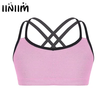 

iiniim Girls Dance Class Tops Child Glittery Metallic Double Shoulder Straps Crop Top for Ballet Dancewear Gymnastics Ballerina