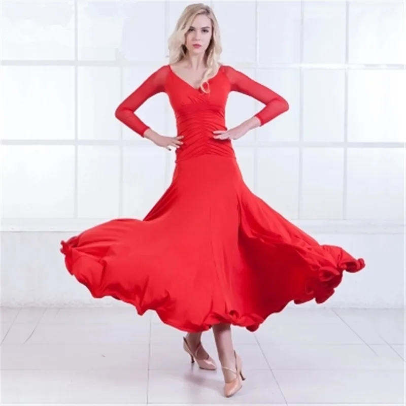 5 Colors Red Women Modern Waltz Tango Smooth Ballroom Dance Dress Standard Ballroom Dress Long Sleeve Ballroom Dance Clothing