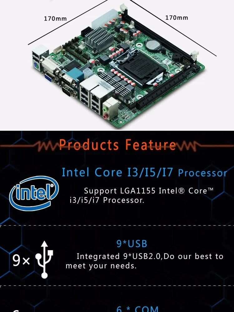 Промышленный встроенный H61 Mini ITX материнская плата поддержка LGA1155 Intel Core i3/i5/i7 Pentium 22 нм/32 нм процессор с 9* USB/6* COM