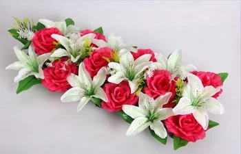 

2pcs 18 heads Artificial Silk Hot Pink Rose &White Lily Arch Frame In a row Decorative Wedding Road Led Flower Wedding Props
