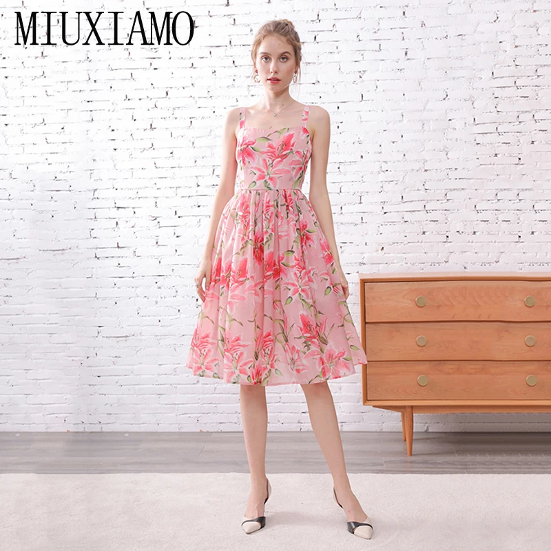 

MIUXIMAO Custom Plus Size Floral Dress 2019 Top Quality New Arrival Pink Lily Print Elegant Casual Dress Women vestidos
