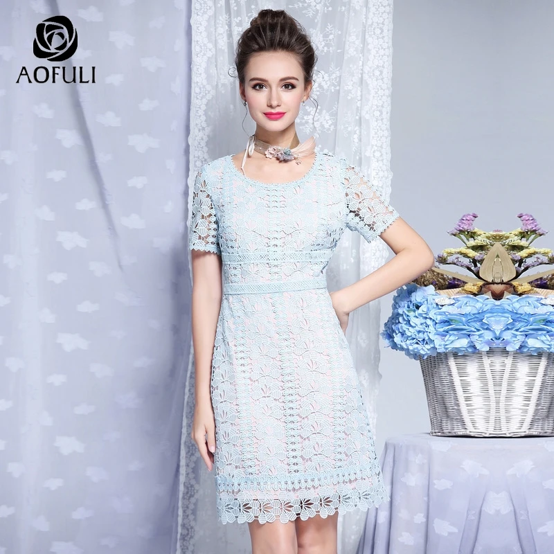 

AOFULI Sexy Hollow Out Lace Summer Dress Short Sleeve Big Size Lady Sundress Solid Blue Floral Party Dress M- 3XL 4XL 5XL C3391