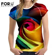 FORUDESIGNS Fashion 3D Rose Pattern Women Fashion Casual T Shirt Tees Brand Clothes Elastic Bodybuilding Woman Tops Fitness 2017