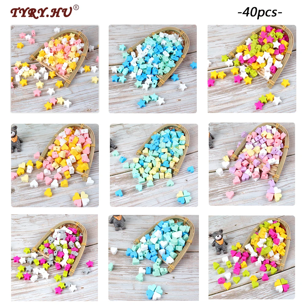 

TYRY.HU 40pc Colorful Star Heart Silicone Beads Mix Teething Chewable Beads For DIY Jewelry Baby Gift Toy Accessories BPA Free