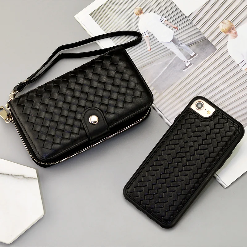 bilder für Luxus Frauen Reißverschluss Tasche Woven Leder Abnehmbare Hülle mit Magnetkarten halter für iPhone 7 iPhone 6 6 s plus bilder für Luxus Frauen Reißverschluss Tasche Woven Leder Abnehmbare Hülle mit Magnetkarten halter für iPhone 7 iPhone 6 6 s plus
