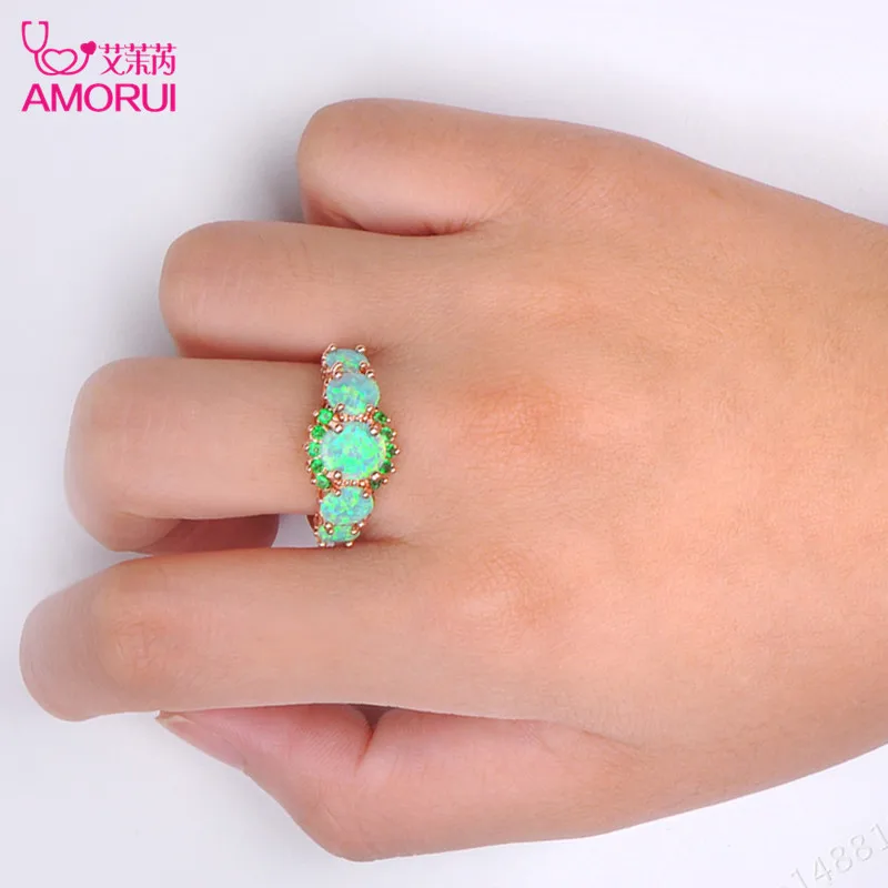 AMORUI Trendy Green AAA Zircon Opal Wedding Rings For Women Rose Gold May Birthstone Ring Women Jewelry Gift Dropshipping