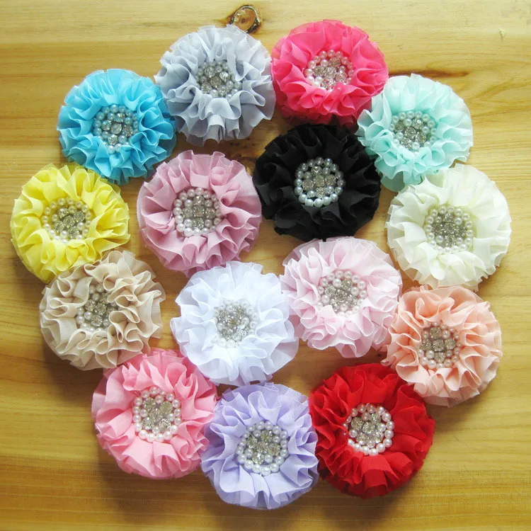 

15 colours 30pcs/lot cheap beaded fabric chiffon ruffled flowers w/pearl rhinestone center for baby flower DIY hair accessories