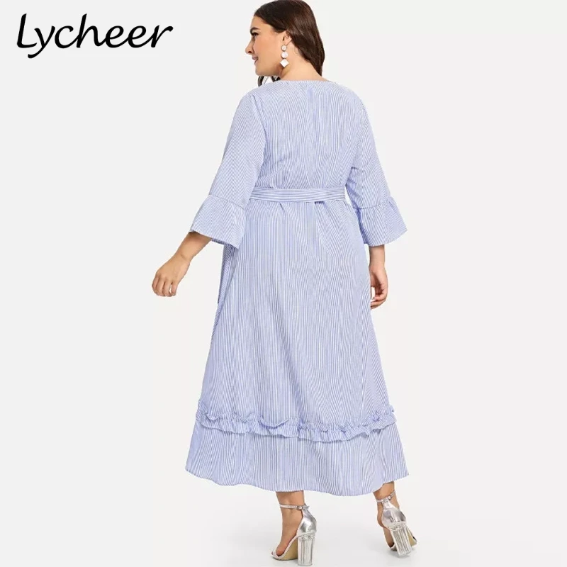 Lycheer Plus асимметричное платье рубашка в полоску платья с поясом повседневные