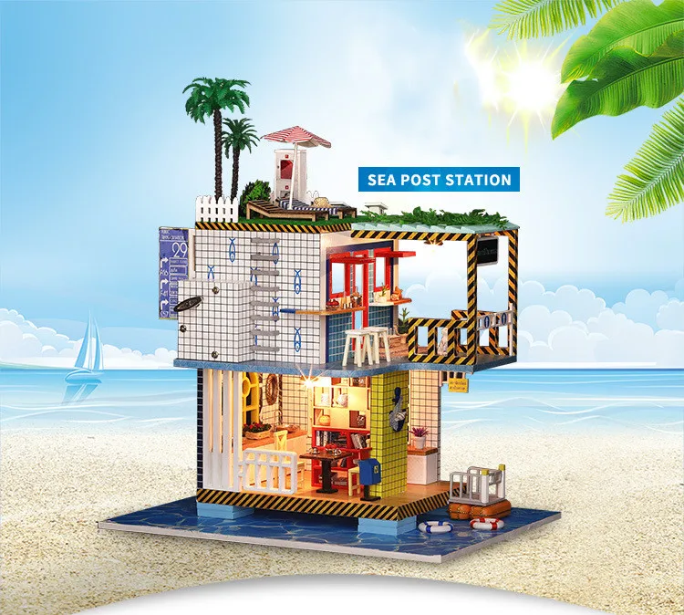 

DIY Miniature Dollhouse Sea Post Station Toys for Children CuteFamilies House Family Valentine's Day Gift for Girl Toys