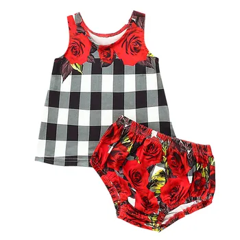 

Summer Baby Girl Clothes Newborn Sets Outfit Sleeveless Plaid Rose Flowers Vest Floral Shorts kit Dropshipping roupa infantil