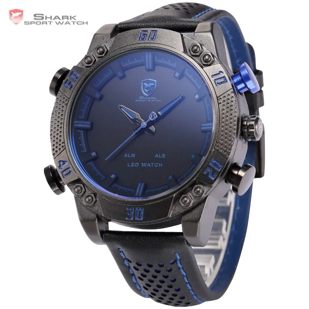 Shark Sport Watch LED Brand Auto Date Alarm Black Blue Dual Time Leather Band Military Quartz Men Digital Clock / SH265