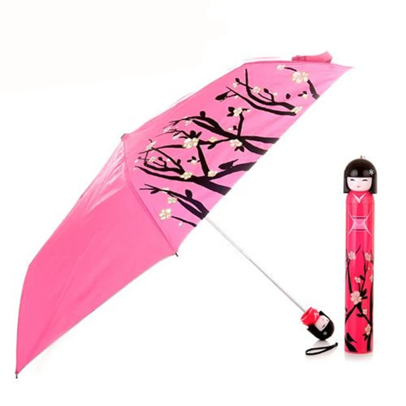Japanese Doll Shape Cute Umbrella pink Metal Shelf rain Umbrellas Folding Princess Pencil Sun