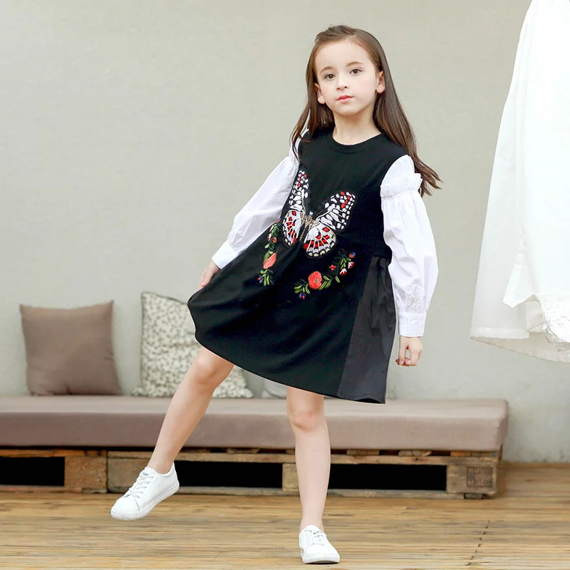 

2017 Autumn Girls Dress Flower Butterfly Embroidery Design Applique Black White School Kids Clothes 56789 10 11 12T Years Old