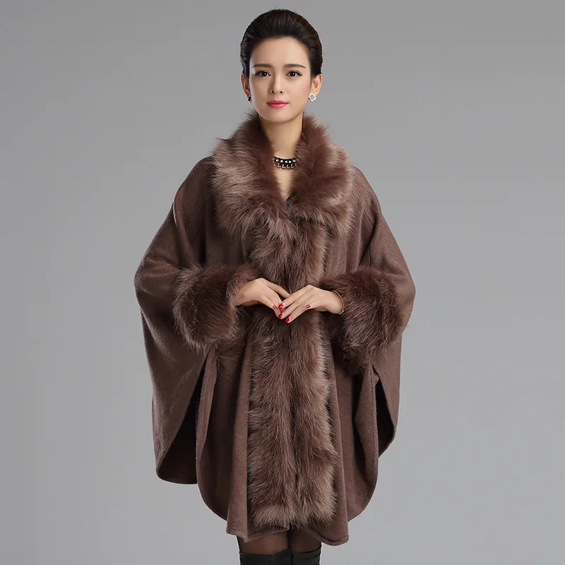 2017 New Elegant Large Fur Coat Faux Fox fur Cloak Cape Relaxed Knitted Shawl Long Cardigan
