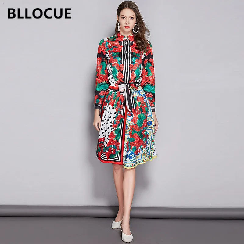 

BLLOCUE Fashion 2019 Autumn Designer Runway Flower Print Skirts Two Set Women Short Sleeve Bow Shirt Top + Pleated Skirts Two Pi