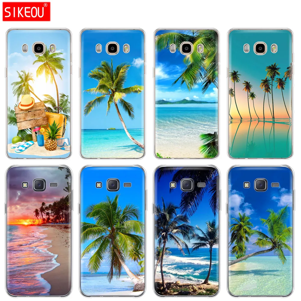 silicone cover phone case for Samsung Galaxy J1 J2 J3 J5 J7 MINI 2016 2015 prime summer Beach Scene at Sunset on sea Palm Tree | Мобильные