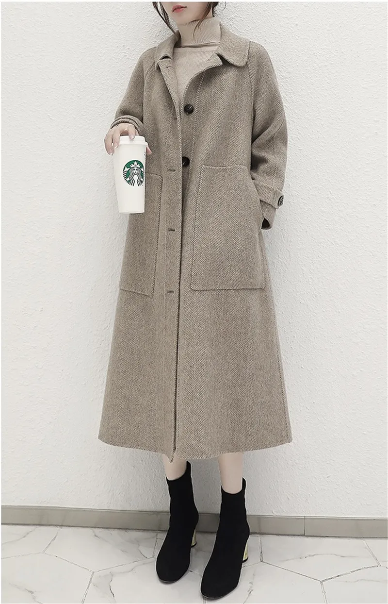 Модные осень-зима Для женщин шерстяное пальто Хепберн пальто однобортный длинные шерсть утолщаются большой карман куртки женские Большие