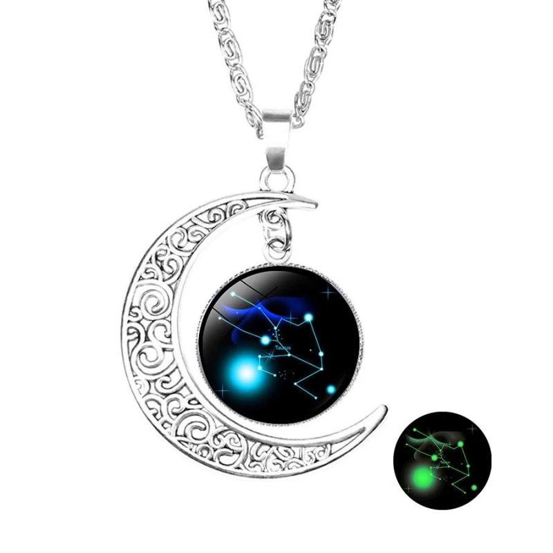 

New 12 Twelve Constellations Necklace Leo pendant Blue Moon Stars Lion Symbol Jewelry Moon dome zodiac necklace