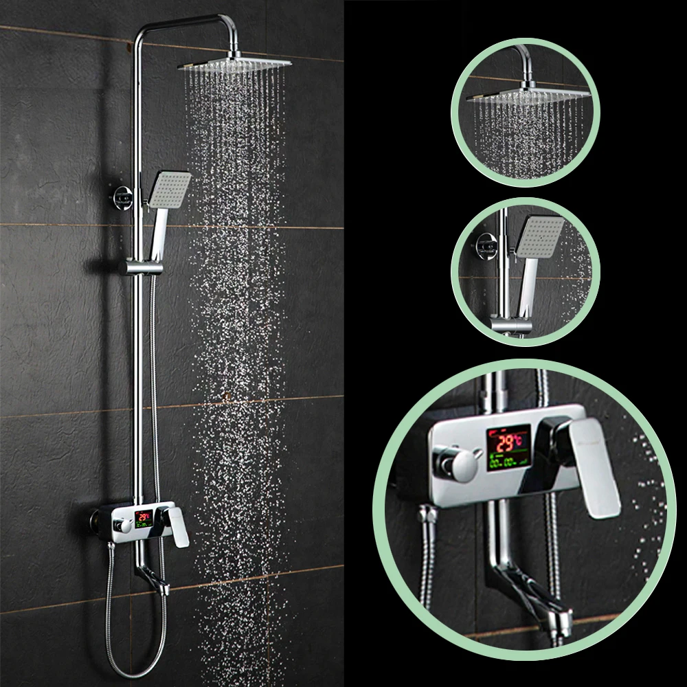 

Chrome Digital Shower Set Panel with Shower Time Temperature Display Shower Faucet Mixer 8" Rainfall Shower Set