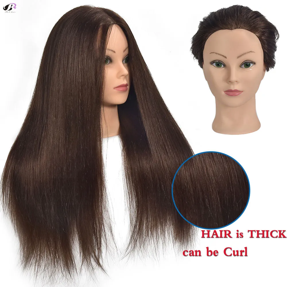 

20" Human Hair Training Head Long Brown Hair for Salon Hairdressing Dummy Dolls Professional Perm Bleaching Hair Head Mannequin