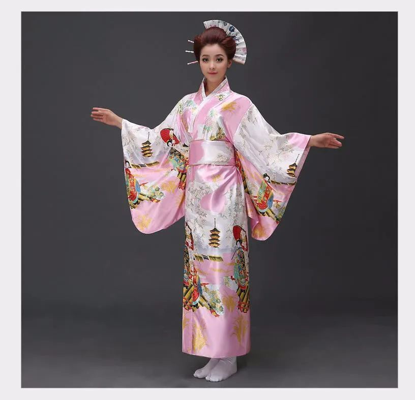 Модные женские цветочные кимоно сексуальные романтические юката с Obi винтажные вечерние платья японский косплей костюм один размер - Цвет: Розовый