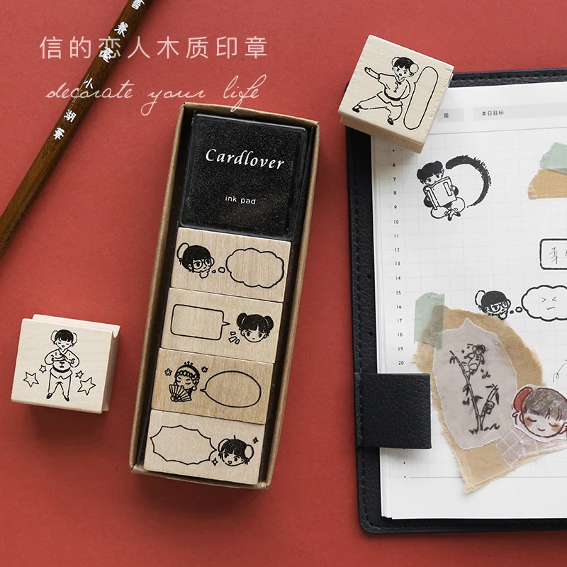 

4 Seal +1 ink mud \ DIY cute creative fun vintage stamp wood seal diary calendar scrapbook student stationery office supplies