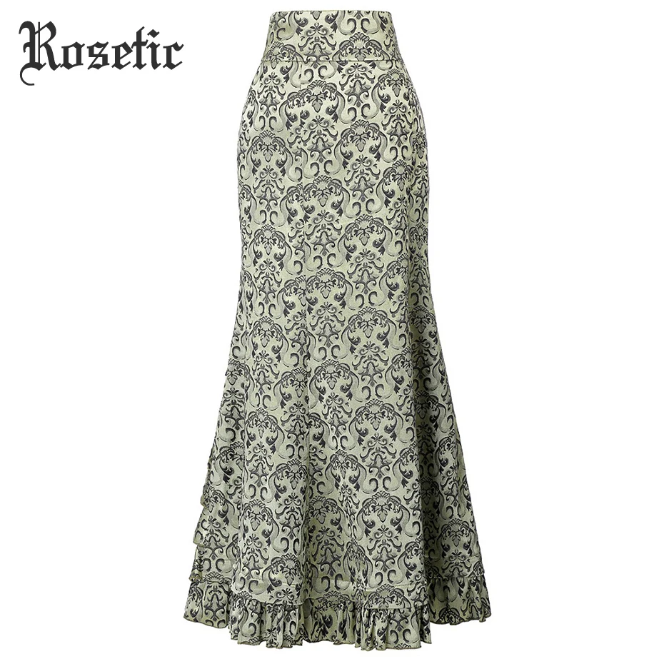 Rosetic Gothic Vintage Long Mermaid Skirt Asymmetric Floral Print Lace Patchwork Lace-Up Luxury High Waist Goth Black Skirts Skirts