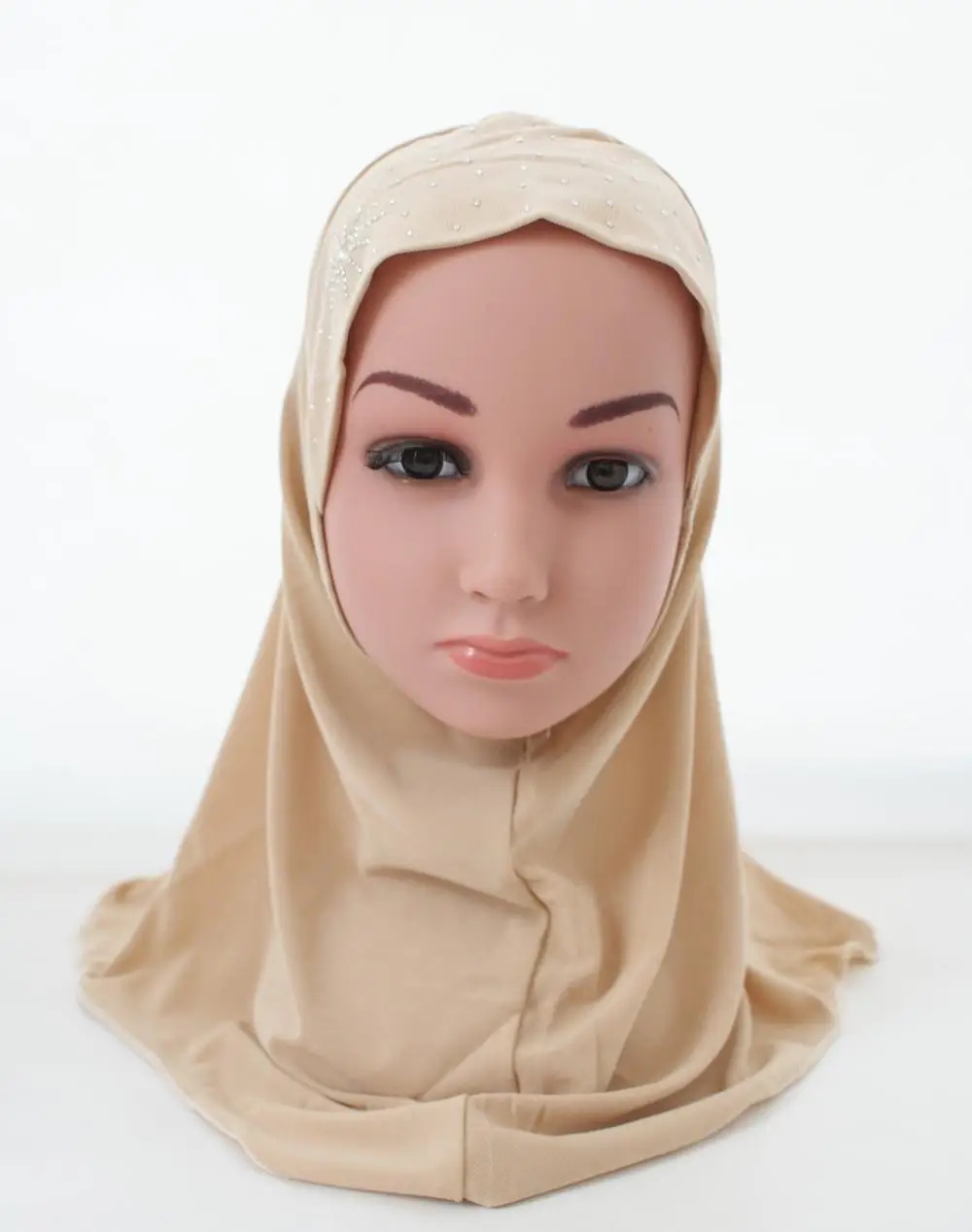 Мусульманский хиджаб для девочек, исламский шарф в арабском стиле, шали, красивые стразы, модные головные уборы, аксессуары для детей от 3 до 8 лет - Цвет: Бежевый