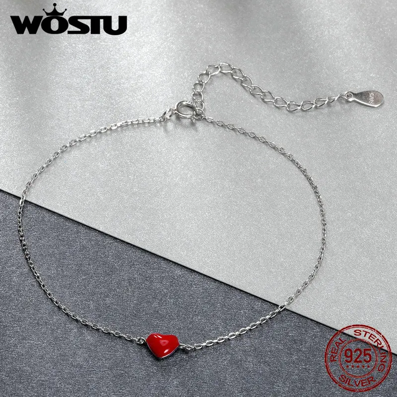 WOSTU Настоящее серебро 925 пробы модный эмалевый браслет с красным сердцем для