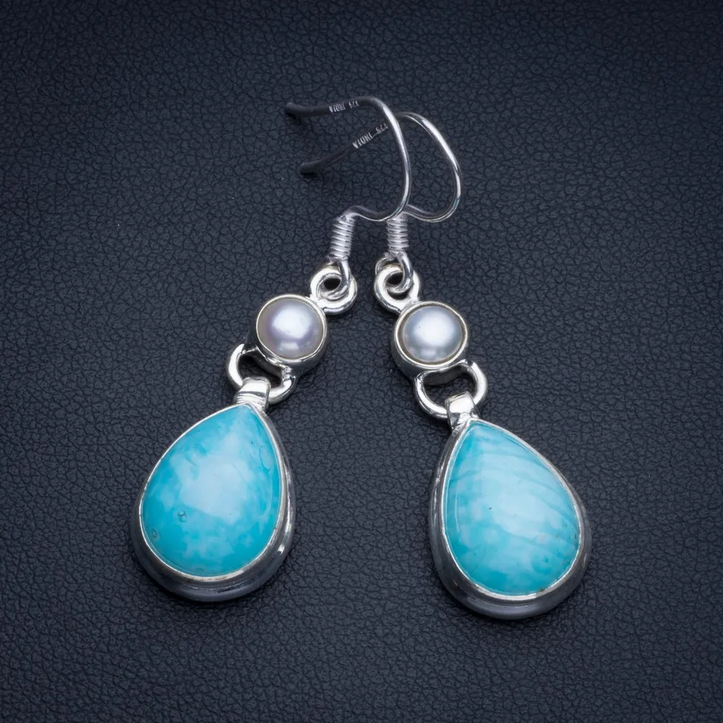 

Natural Agate and River Pearl Boho Style 925 Sterling Silver Drop Earrings 1 1/2" R1723